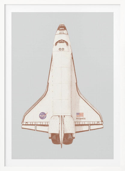 A framed graphic art print of the Space Shuttle Atlantis viewed from above. The illustration has a retro, halftone style with a brown and cream color scheme against a light gray background. The NASA logo, American flag, and the name 'Atlantis' are visible on the spacecraft. Poster