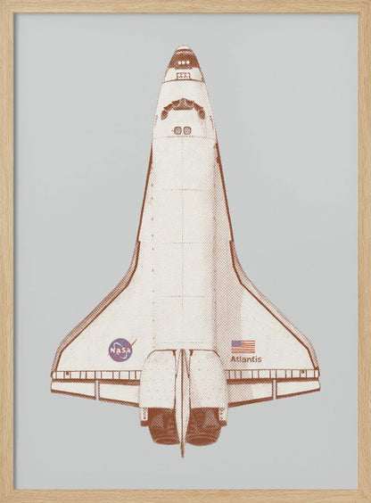A framed graphic art print of the Space Shuttle Atlantis viewed from above. The illustration has a retro, halftone style with a brown and cream color scheme against a light gray background. The NASA logo, American flag, and the name 'Atlantis' are visible on the spacecraft. Poster