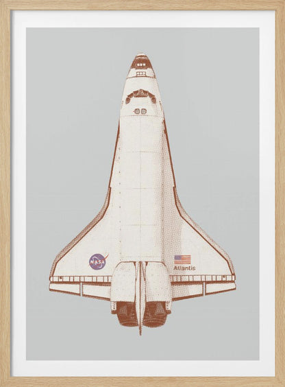 A framed graphic art print of the Space Shuttle Atlantis viewed from above. The illustration has a retro, halftone style with a brown and cream color scheme against a light gray background. The NASA logo, American flag, and the name 'Atlantis' are visible on the spacecraft. Poster
