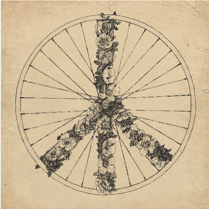 A framed, vintage-style ink drawing of a bicycle wheel. Inside the wheel, a peace sign is formed out of intricately drawn flowers and vines. The background has a textured, aged paper appearance in a sepia tone. Print
