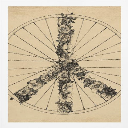 A framed, vintage-style ink drawing of a bicycle wheel. Inside the wheel, a peace sign is formed out of intricately drawn flowers and vines. The background has a textured, aged paper appearance in a sepia tone. Print