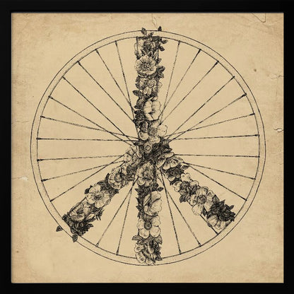 A framed, vintage-style ink drawing of a bicycle wheel. Inside the wheel, a peace sign is formed out of intricately drawn flowers and vines. The background has a textured, aged paper appearance in a sepia tone. Print