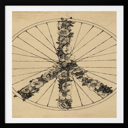 A framed, vintage-style ink drawing of a bicycle wheel. Inside the wheel, a peace sign is formed out of intricately drawn flowers and vines. The background has a textured, aged paper appearance in a sepia tone. Print