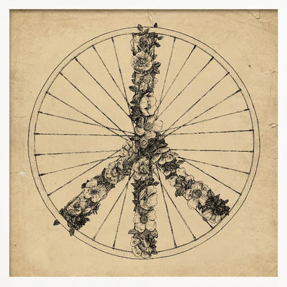 A framed, vintage-style ink drawing of a bicycle wheel. Inside the wheel, a peace sign is formed out of intricately drawn flowers and vines. The background has a textured, aged paper appearance in a sepia tone. Print