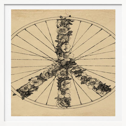 A framed, vintage-style ink drawing of a bicycle wheel. Inside the wheel, a peace sign is formed out of intricately drawn flowers and vines. The background has a textured, aged paper appearance in a sepia tone. Print