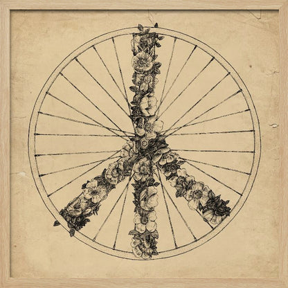 A framed, vintage-style ink drawing of a bicycle wheel. Inside the wheel, a peace sign is formed out of intricately drawn flowers and vines. The background has a textured, aged paper appearance in a sepia tone. Print