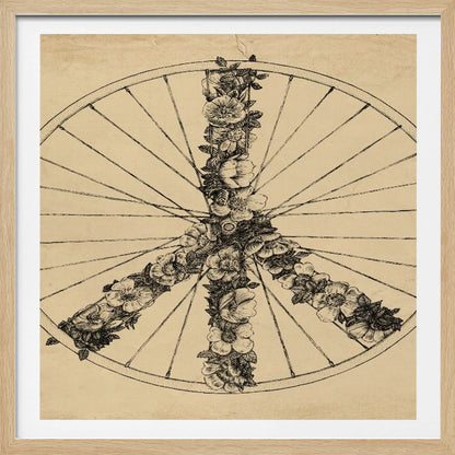 A framed, vintage-style ink drawing of a bicycle wheel. Inside the wheel, a peace sign is formed out of intricately drawn flowers and vines. The background has a textured, aged paper appearance in a sepia tone. Print