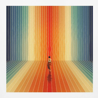 A surrealist artwork in a light wood frame depicting a woman seen from behind walking into a room with infinite perspective. The walls and floor are made of continuous, wavy vertical stripes in a rainbow gradient, starting with cool blues and transitioning to warm oranges and a central red path. Poster