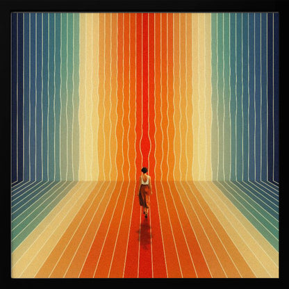 A surrealist artwork in a light wood frame depicting a woman seen from behind walking into a room with infinite perspective. The walls and floor are made of continuous, wavy vertical stripes in a rainbow gradient, starting with cool blues and transitioning to warm oranges and a central red path. Poster