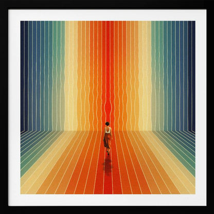 A surrealist artwork in a light wood frame depicting a woman seen from behind walking into a room with infinite perspective. The walls and floor are made of continuous, wavy vertical stripes in a rainbow gradient, starting with cool blues and transitioning to warm oranges and a central red path. Poster