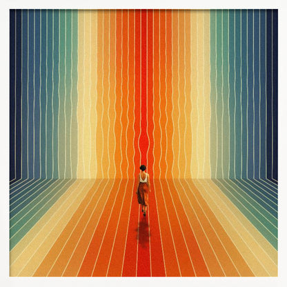 A surrealist artwork in a light wood frame depicting a woman seen from behind walking into a room with infinite perspective. The walls and floor are made of continuous, wavy vertical stripes in a rainbow gradient, starting with cool blues and transitioning to warm oranges and a central red path. Poster