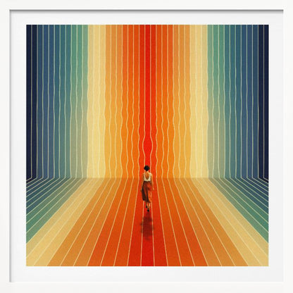 A surrealist artwork in a light wood frame depicting a woman seen from behind walking into a room with infinite perspective. The walls and floor are made of continuous, wavy vertical stripes in a rainbow gradient, starting with cool blues and transitioning to warm oranges and a central red path. Poster