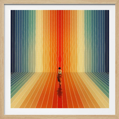 A surrealist artwork in a light wood frame depicting a woman seen from behind walking into a room with infinite perspective. The walls and floor are made of continuous, wavy vertical stripes in a rainbow gradient, starting with cool blues and transitioning to warm oranges and a central red path. Poster