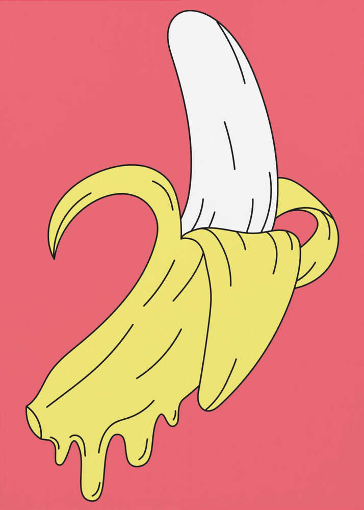 A pop art illustration of a melting, partially peeled banana against a solid pink background. The yellow peel drips down while the white fruit is exposed, all rendered in a bold, graphic style with black outlines. Decor