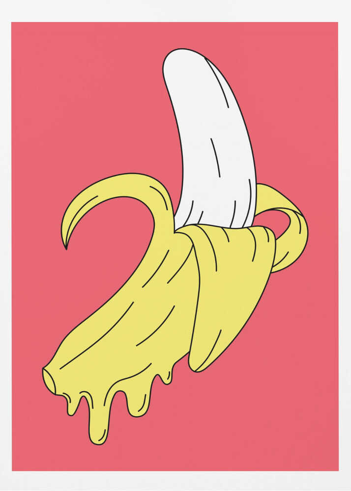 A pop art illustration of a melting, partially peeled banana against a solid pink background. The yellow peel drips down while the white fruit is exposed, all rendered in a bold, graphic style with black outlines. Decor