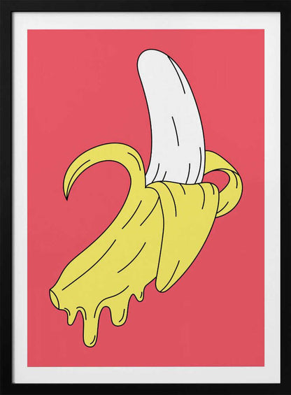 A pop art illustration of a melting, partially peeled banana against a solid pink background. The yellow peel drips down while the white fruit is exposed, all rendered in a bold, graphic style with black outlines. Decor