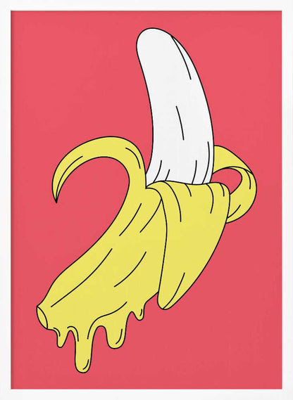 A pop art illustration of a melting, partially peeled banana against a solid pink background. The yellow peel drips down while the white fruit is exposed, all rendered in a bold, graphic style with black outlines. Decor