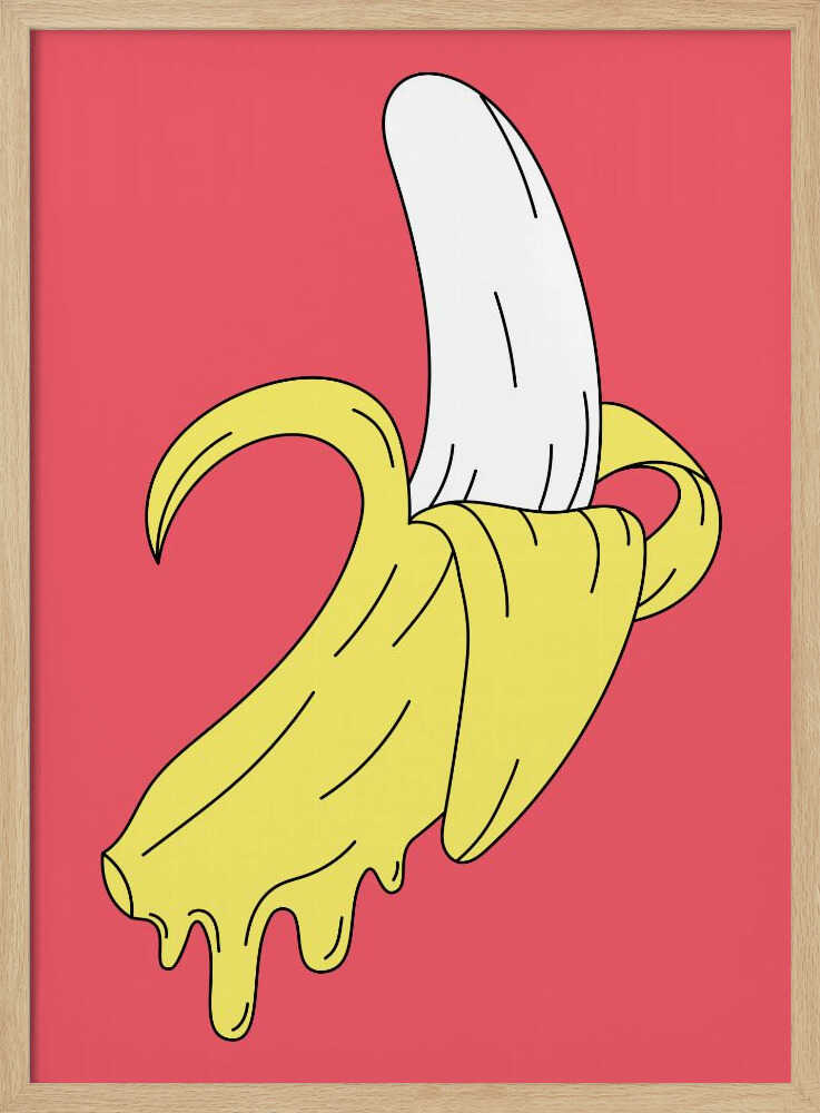 A pop art illustration of a melting, partially peeled banana against a solid pink background. The yellow peel drips down while the white fruit is exposed, all rendered in a bold, graphic style with black outlines. Decor