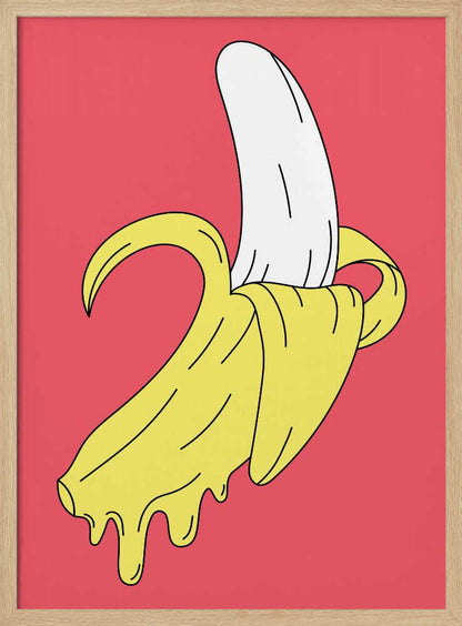 A pop art illustration of a melting, partially peeled banana against a solid pink background. The yellow peel drips down while the white fruit is exposed, all rendered in a bold, graphic style with black outlines. Decor