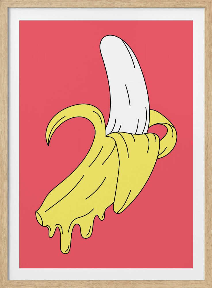 A pop art illustration of a melting, partially peeled banana against a solid pink background. The yellow peel drips down while the white fruit is exposed, all rendered in a bold, graphic style with black outlines. Decor