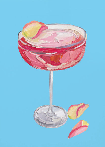 An impasto-style painting of a pink cocktail in a coupe glass against a vibrant blue background. The drink is garnished with a yellow and pink petal, and two more petals rest beside the silver base of the glass. The artwork is characterized by thick, visible brushstrokes. Artwork