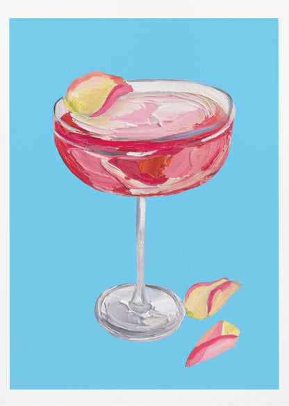 An impasto-style painting of a pink cocktail in a coupe glass against a vibrant blue background. The drink is garnished with a yellow and pink petal, and two more petals rest beside the silver base of the glass. The artwork is characterized by thick, visible brushstrokes. Artwork
