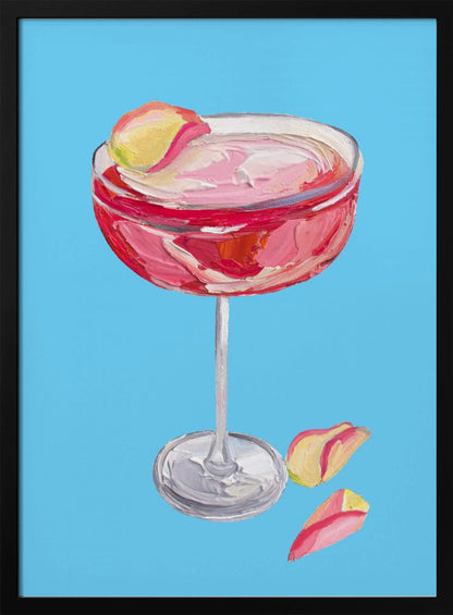 An impasto-style painting of a pink cocktail in a coupe glass against a vibrant blue background. The drink is garnished with a yellow and pink petal, and two more petals rest beside the silver base of the glass. The artwork is characterized by thick, visible brushstrokes. Artwork