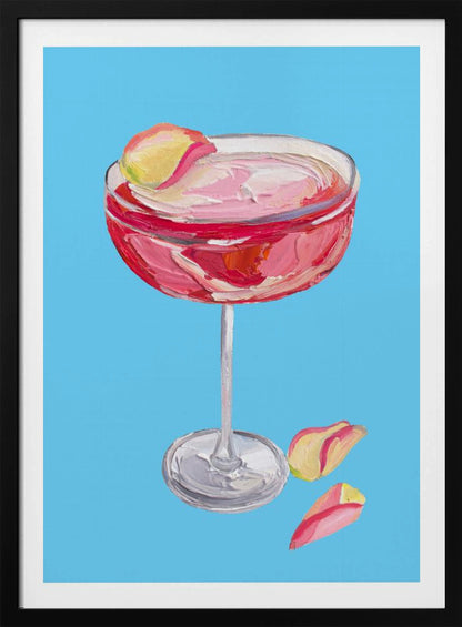 An impasto-style painting of a pink cocktail in a coupe glass against a vibrant blue background. The drink is garnished with a yellow and pink petal, and two more petals rest beside the silver base of the glass. The artwork is characterized by thick, visible brushstrokes. Artwork