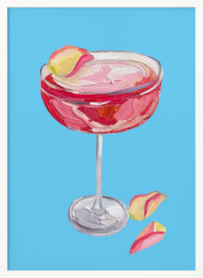 An impasto-style painting of a pink cocktail in a coupe glass against a vibrant blue background. The drink is garnished with a yellow and pink petal, and two more petals rest beside the silver base of the glass. The artwork is characterized by thick, visible brushstrokes. Artwork