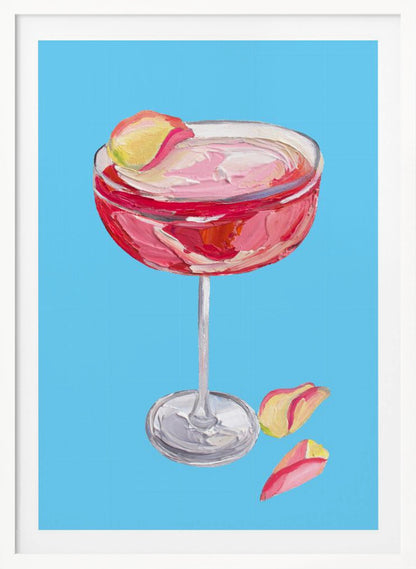 An impasto-style painting of a pink cocktail in a coupe glass against a vibrant blue background. The drink is garnished with a yellow and pink petal, and two more petals rest beside the silver base of the glass. The artwork is characterized by thick, visible brushstrokes. Artwork