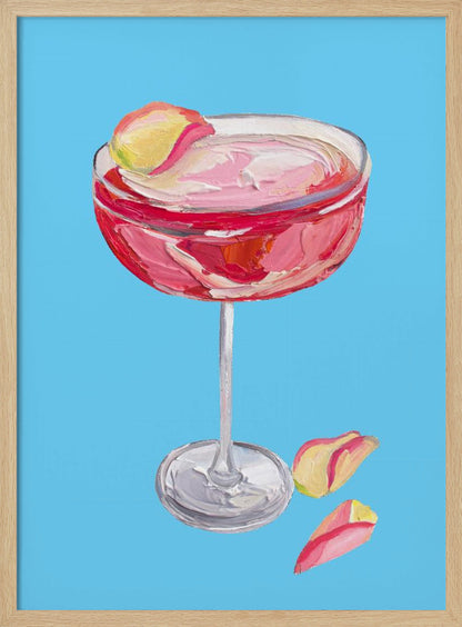 An impasto-style painting of a pink cocktail in a coupe glass against a vibrant blue background. The drink is garnished with a yellow and pink petal, and two more petals rest beside the silver base of the glass. The artwork is characterized by thick, visible brushstrokes. Artwork