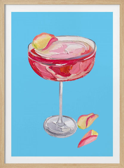 An impasto-style painting of a pink cocktail in a coupe glass against a vibrant blue background. The drink is garnished with a yellow and pink petal, and two more petals rest beside the silver base of the glass. The artwork is characterized by thick, visible brushstrokes. Artwork