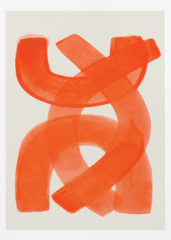 A modern abstract art piece in a thin black frame, featuring broad, vibrant orange brushstrokes that twist and overlap on a cream-colored background. Decor