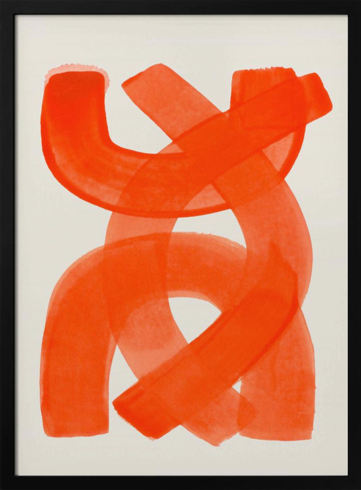 A modern abstract art piece in a thin black frame, featuring broad, vibrant orange brushstrokes that twist and overlap on a cream-colored background. Decor
