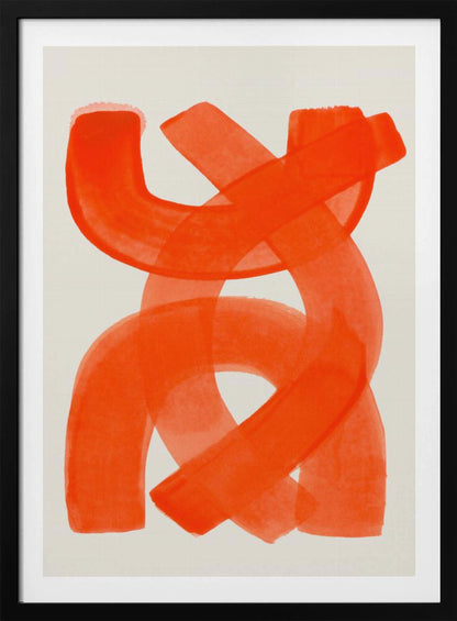 A modern abstract art piece in a thin black frame, featuring broad, vibrant orange brushstrokes that twist and overlap on a cream-colored background. Decor