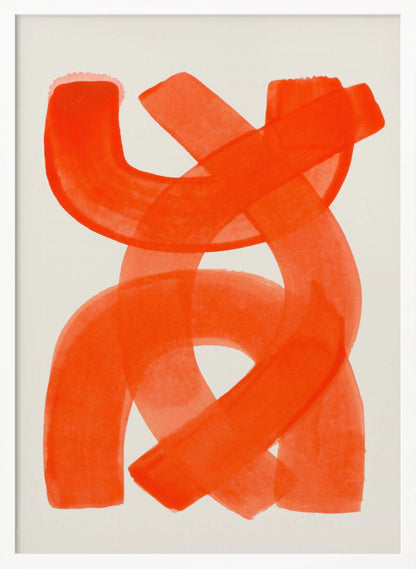 A modern abstract art piece in a thin black frame, featuring broad, vibrant orange brushstrokes that twist and overlap on a cream-colored background. Decor