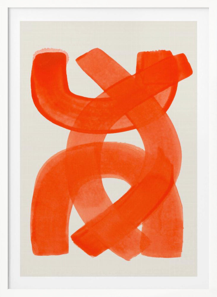 A modern abstract art piece in a thin black frame, featuring broad, vibrant orange brushstrokes that twist and overlap on a cream-colored background. Decor