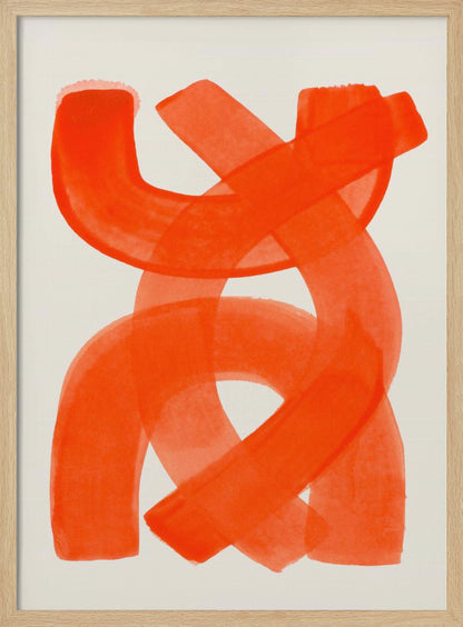 A modern abstract art piece in a thin black frame, featuring broad, vibrant orange brushstrokes that twist and overlap on a cream-colored background. Decor