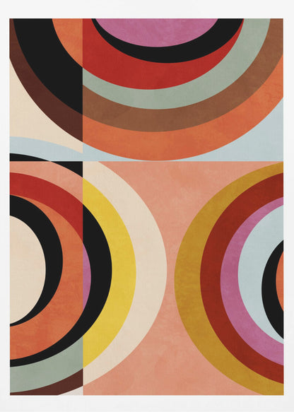 An abstract geometric artwork in a black frame, divided into quadrants. It features large, colorful concentric arcs in shades of orange, red, black, brown, and yellow, creating a dynamic and retro composition against a textured peach and off-white background. Artwork