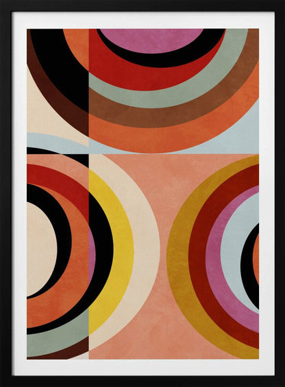 An abstract geometric artwork in a black frame, divided into quadrants. It features large, colorful concentric arcs in shades of orange, red, black, brown, and yellow, creating a dynamic and retro composition against a textured peach and off-white background. Artwork