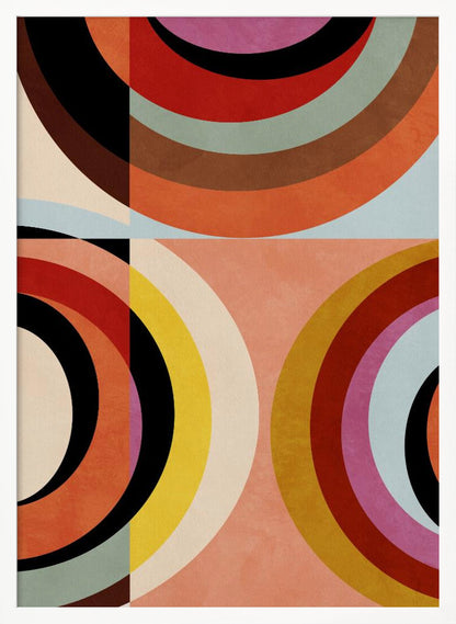 An abstract geometric artwork in a black frame, divided into quadrants. It features large, colorful concentric arcs in shades of orange, red, black, brown, and yellow, creating a dynamic and retro composition against a textured peach and off-white background. Artwork