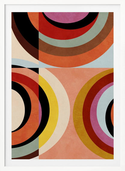 An abstract geometric artwork in a black frame, divided into quadrants. It features large, colorful concentric arcs in shades of orange, red, black, brown, and yellow, creating a dynamic and retro composition against a textured peach and off-white background. Artwork