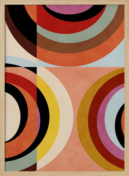 An abstract geometric artwork in a black frame, divided into quadrants. It features large, colorful concentric arcs in shades of orange, red, black, brown, and yellow, creating a dynamic and retro composition against a textured peach and off-white background. Artwork