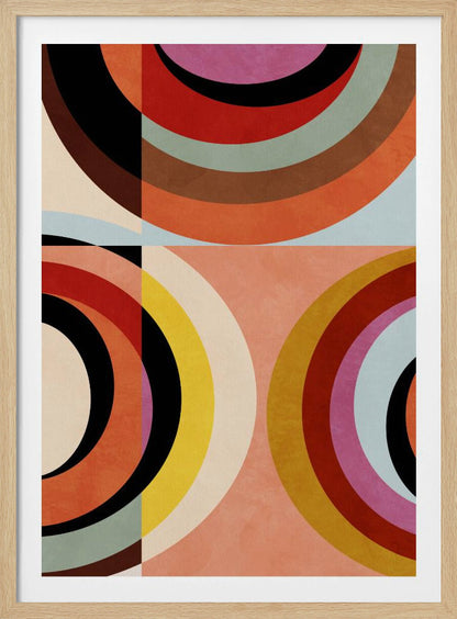 An abstract geometric artwork in a black frame, divided into quadrants. It features large, colorful concentric arcs in shades of orange, red, black, brown, and yellow, creating a dynamic and retro composition against a textured peach and off-white background. Artwork