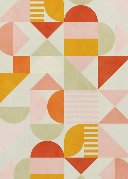 A framed piece of abstract geometric art featuring a grid pattern of shapes in a warm color palette. The design includes triangles, semicircles, and rectangles in shades of orange, yellow, pink, and sage green on a light cream background, creating a modern and playful composition. Poster