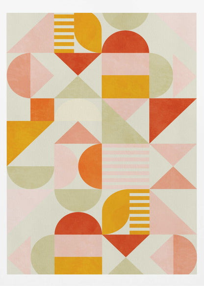 A framed piece of abstract geometric art featuring a grid pattern of shapes in a warm color palette. The design includes triangles, semicircles, and rectangles in shades of orange, yellow, pink, and sage green on a light cream background, creating a modern and playful composition. Poster