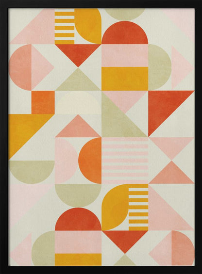 A framed piece of abstract geometric art featuring a grid pattern of shapes in a warm color palette. The design includes triangles, semicircles, and rectangles in shades of orange, yellow, pink, and sage green on a light cream background, creating a modern and playful composition. Poster