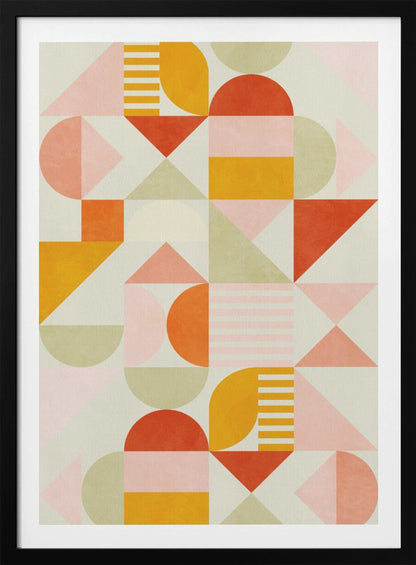 A framed piece of abstract geometric art featuring a grid pattern of shapes in a warm color palette. The design includes triangles, semicircles, and rectangles in shades of orange, yellow, pink, and sage green on a light cream background, creating a modern and playful composition. Poster