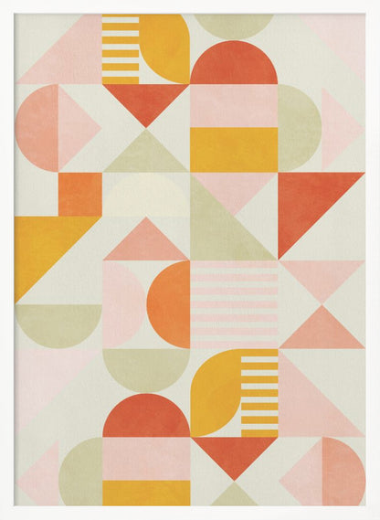 A framed piece of abstract geometric art featuring a grid pattern of shapes in a warm color palette. The design includes triangles, semicircles, and rectangles in shades of orange, yellow, pink, and sage green on a light cream background, creating a modern and playful composition. Poster