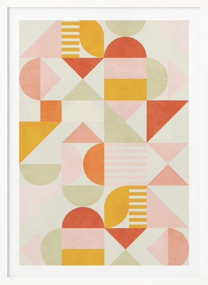A framed piece of abstract geometric art featuring a grid pattern of shapes in a warm color palette. The design includes triangles, semicircles, and rectangles in shades of orange, yellow, pink, and sage green on a light cream background, creating a modern and playful composition. Poster